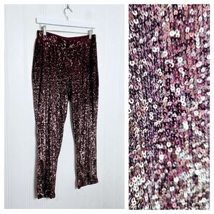 Cable & Gauge Burgundy Sequin Pants S Small Cropped Holiday Party Sparkle Glam